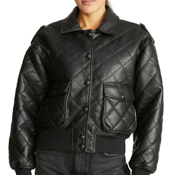 Rebecca Minkoff Women Bomber Jacket Medium Black Quilted Vegan Faux Leather Goth - Picture 14 of 15